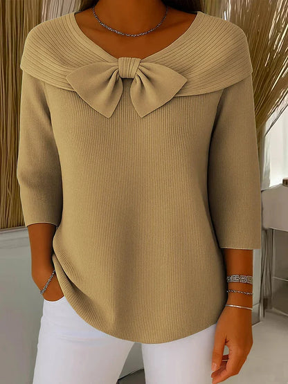 Women's bow-detail ribbed knit sweater with V-neck and 3/4 sleeve – Beige