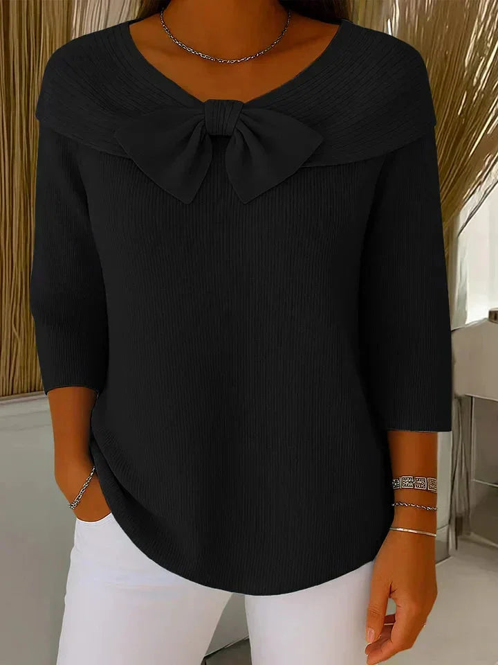 Women's bow-detail ribbed knit sweater with V-neck and 3/4 sleeve – Black