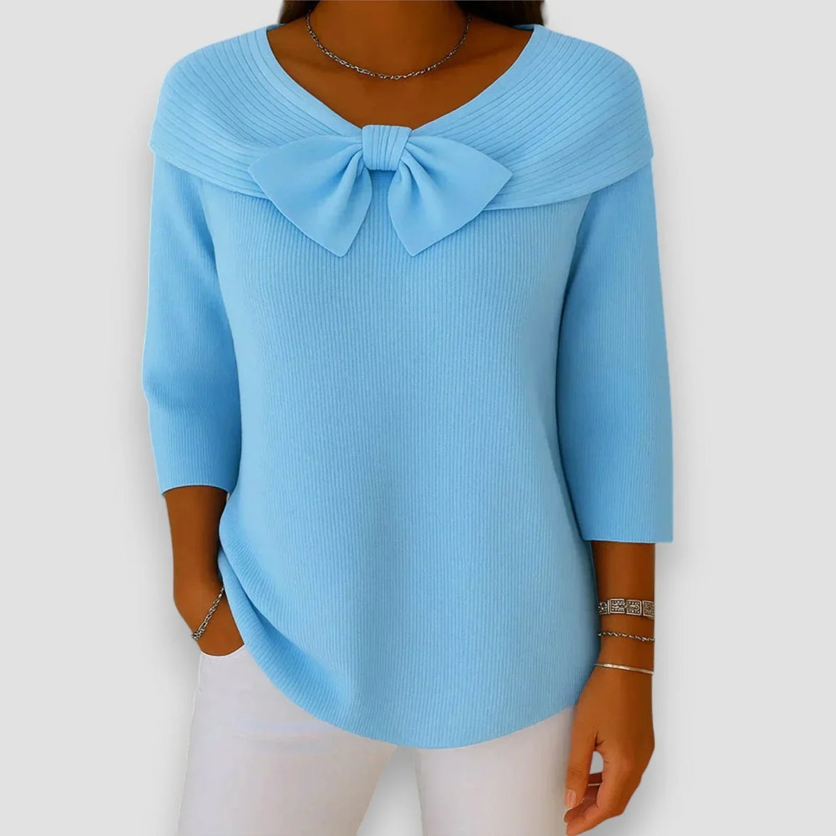 Women's bow-detail ribbed knit sweater with V-neck and 3/4 sleeve