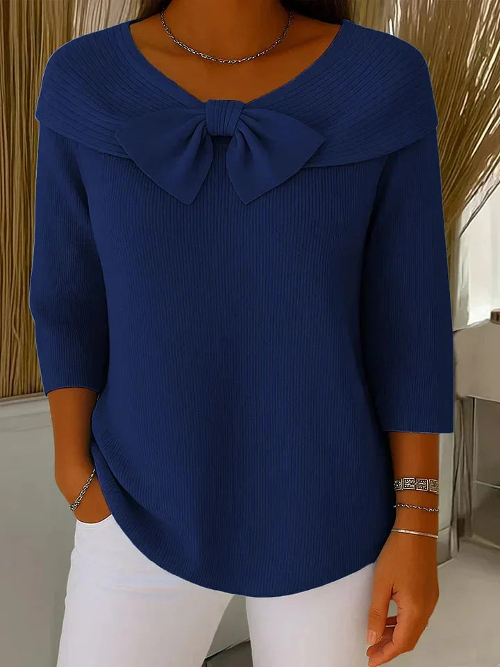 Women's bow-detail ribbed knit sweater with V-neck and 3/4 sleeve – Dark Blue