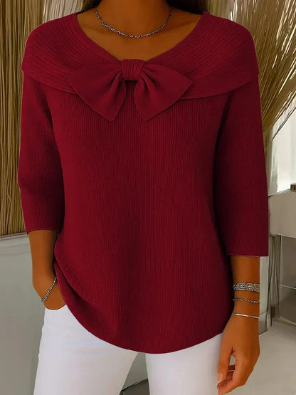Women's bow-detail ribbed knit sweater with V-neck and 3/4 sleeve – Maroon