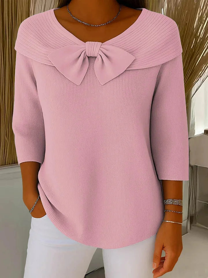 Women's bow-detail ribbed knit sweater with V-neck and 3/4 sleeve – Pink
