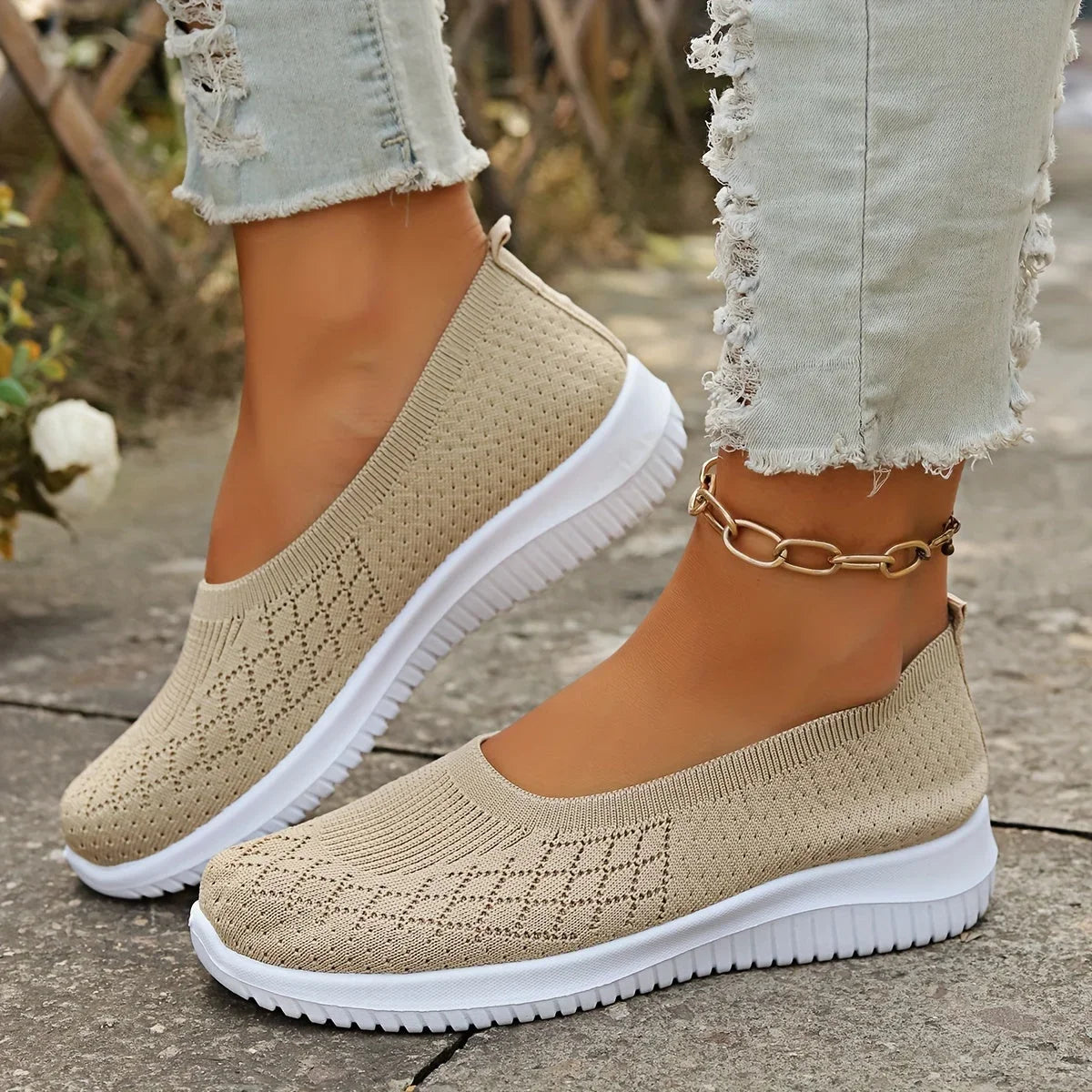 Women's breathable knit athletic slip-ons with anti-slip sole – Apricot