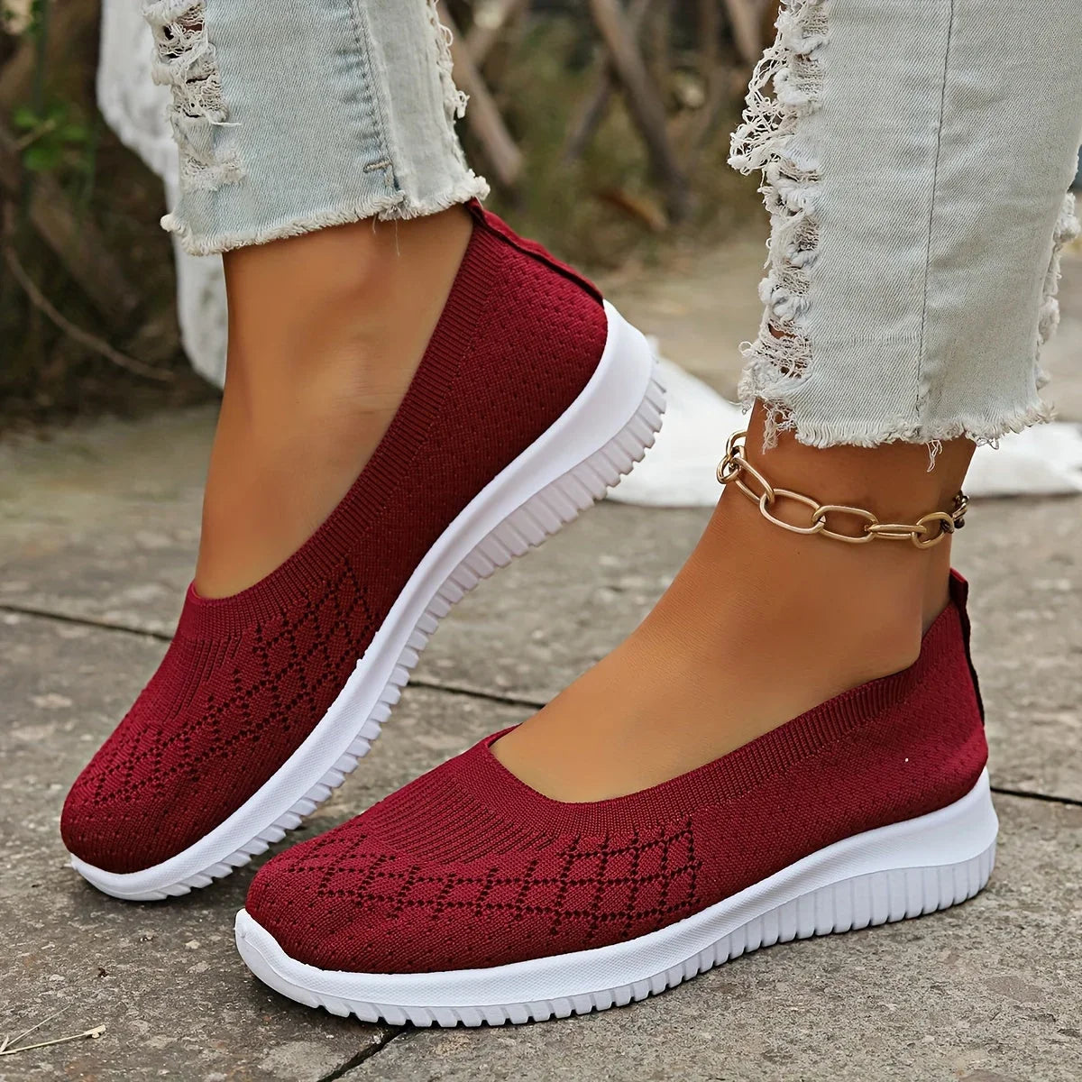 Women's breathable knit athletic slip-ons with anti-slip sole – Red