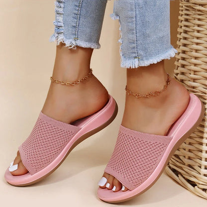 Women's breathable knit open-toe summer slides with wide strap – Pink