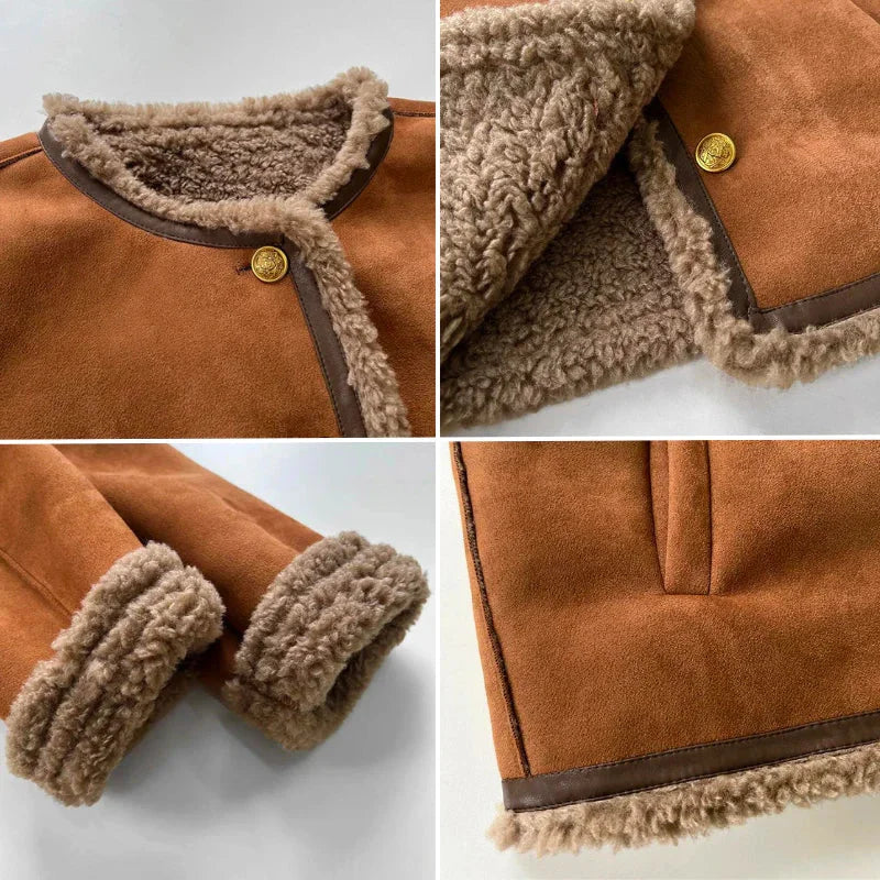 Women's faux suede shearling aviator jacket with buttons – Brown