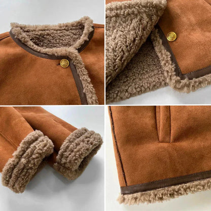 Women's faux suede shearling aviator jacket with buttons – Brown