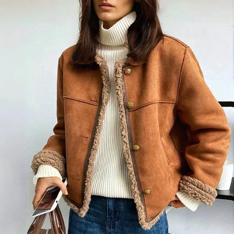Women's faux suede shearling aviator jacket with buttons – Brown