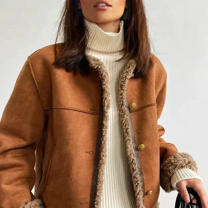 Women's faux suede shearling aviator jacket with buttons – Brown