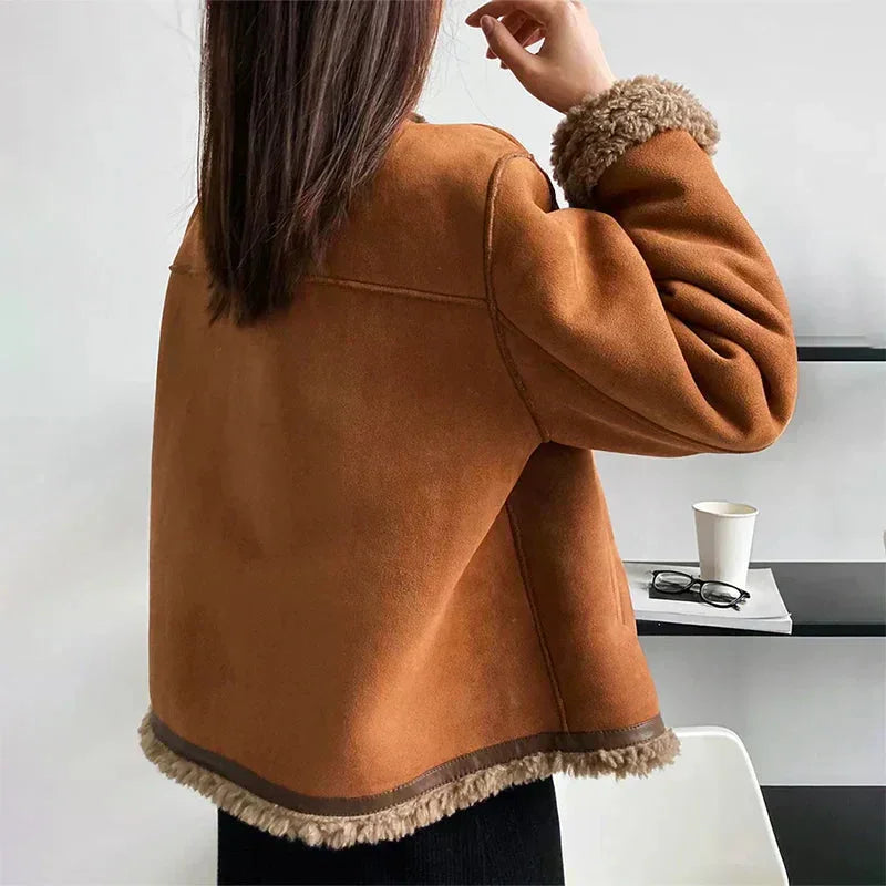 Women's faux suede shearling aviator jacket with buttons – Brown