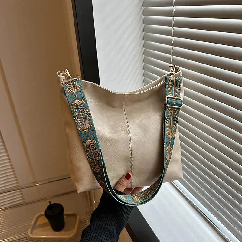 Women's faux-leather hobo bag with bohemian-patterned wide strap – Beige