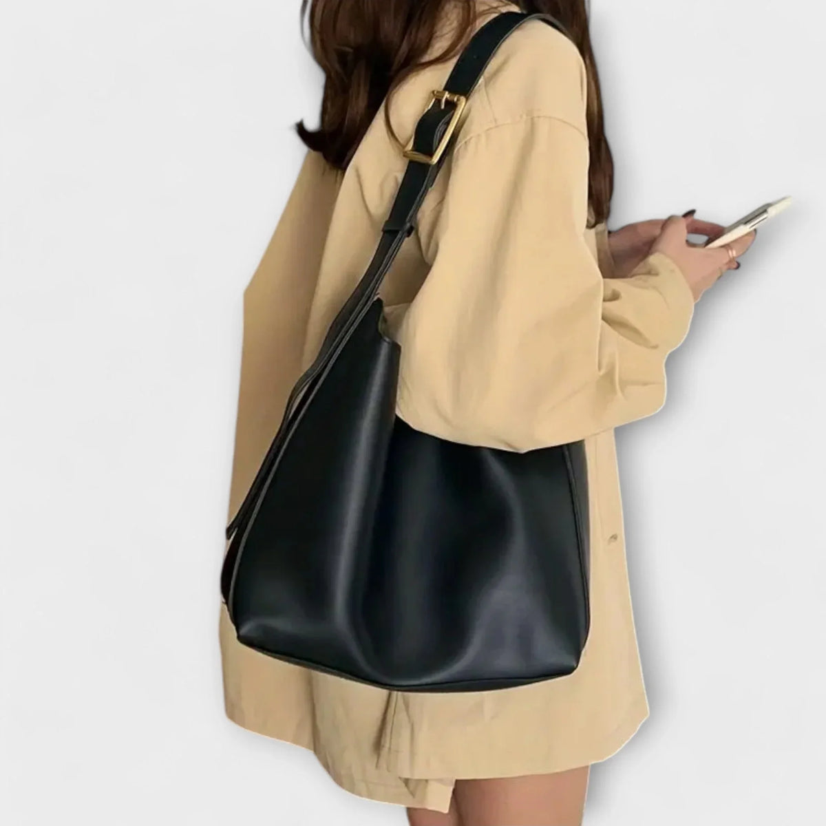 Women's faux leather hobo shoulder bag with adjustable buckle strap – Black