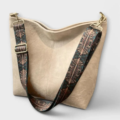 Women's faux-leather hobo shoulder bag with wide geometric strap – Beige