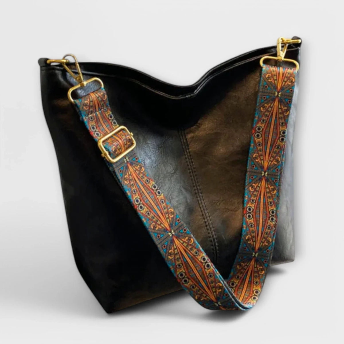 Women's faux-leather hobo shoulder bag with wide geometric strap – Black