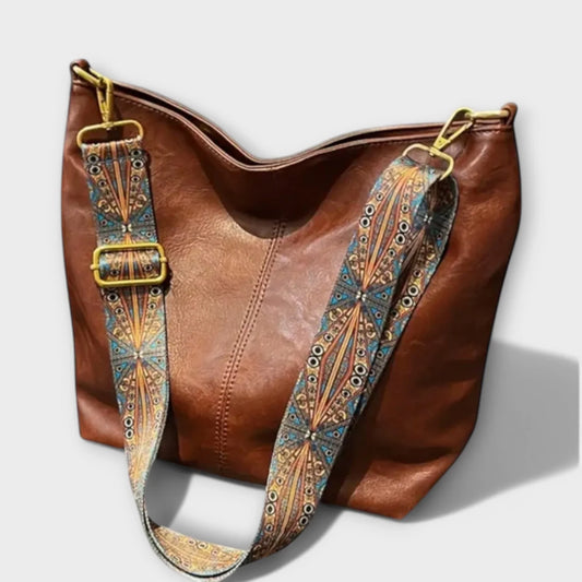 Women's faux-leather hobo shoulder bag with wide geometric strap – Brown