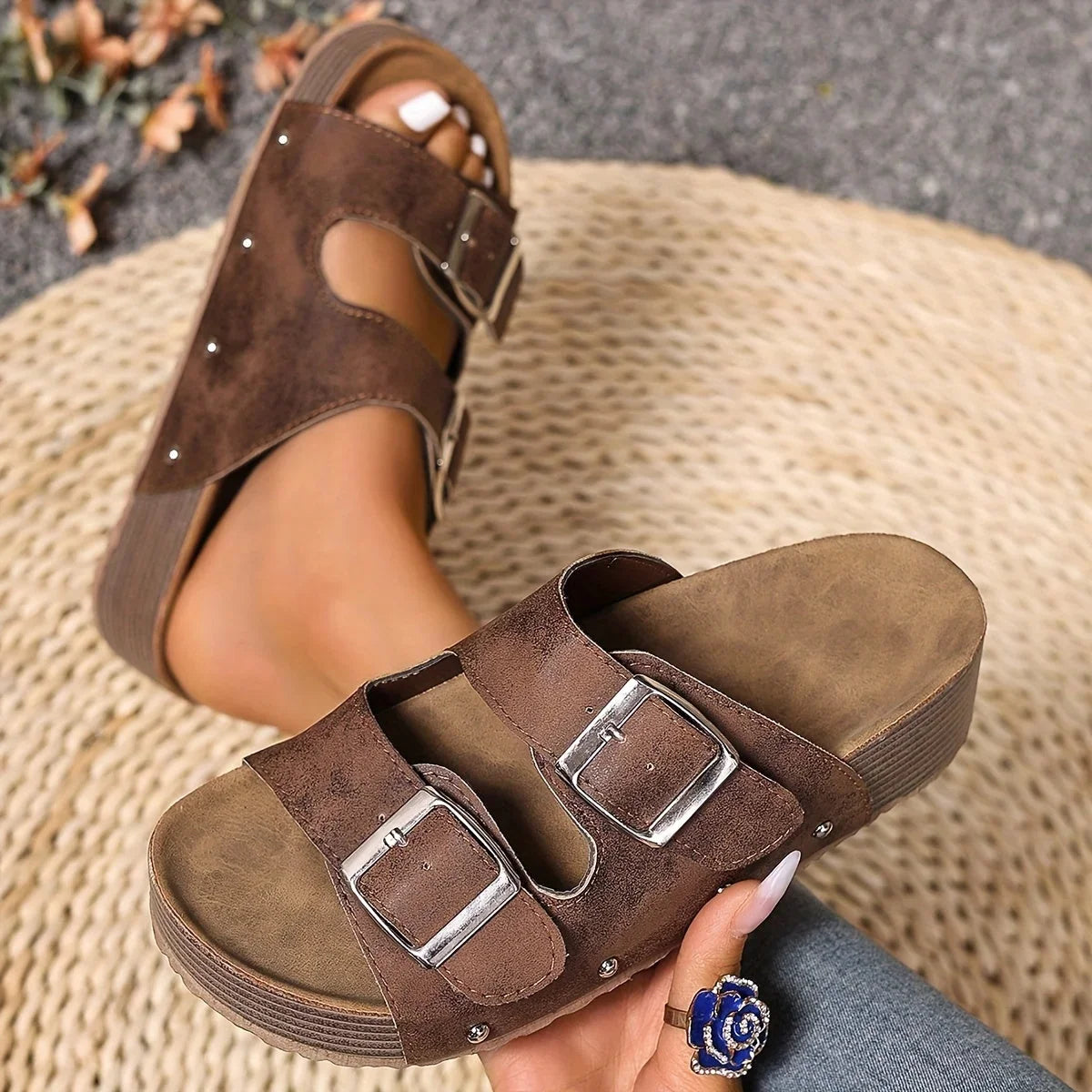Women's faux leather platform sandals with double-buckle straps and stud detail
