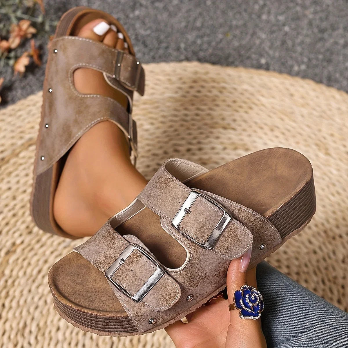 Women's faux leather platform sandals with double-buckle straps and stud detail