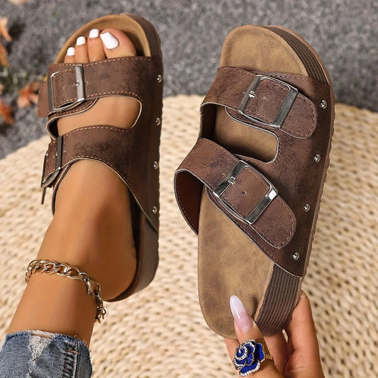 Women's faux leather platform sandals with double-buckle straps and stud detail
