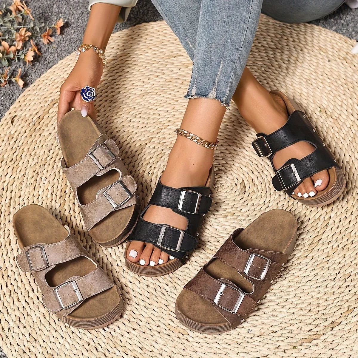 Women's faux leather platform sandals with double-buckle straps and stud detail