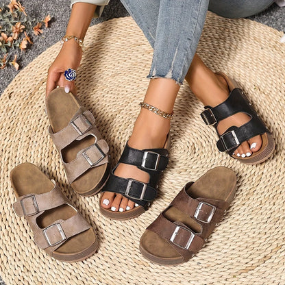 Women's faux leather platform sandals with double-buckle straps and stud detail