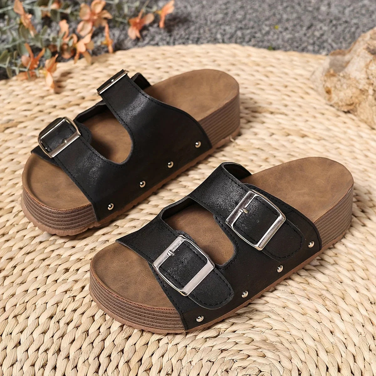 Women's faux leather platform sandals with double-buckle straps and stud detail – Black