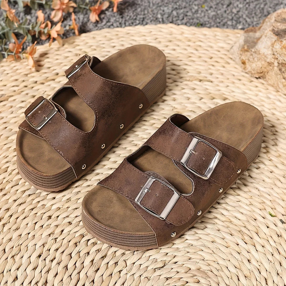 Women's faux leather platform sandals with double-buckle straps and stud detail – Coffee