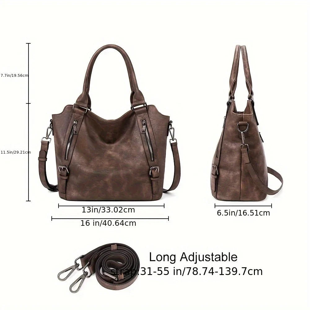 Women's faux leather shoulder tote bag with front zippers and buckles