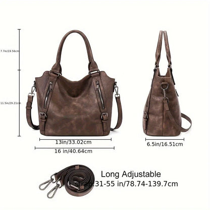 Women's faux leather shoulder tote bag with front zippers and buckles