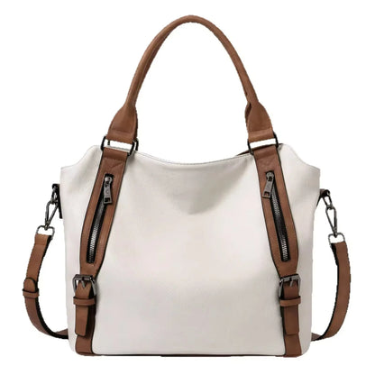 Women's faux leather shoulder tote bag with front zippers and buckles – Beige