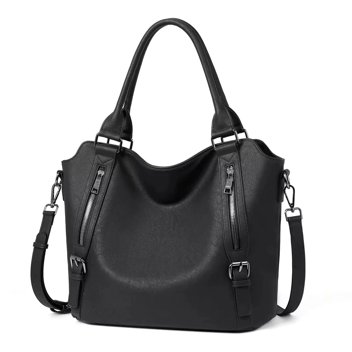 Women's faux leather shoulder tote bag with front zippers and buckles – Black