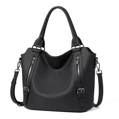 Women's faux leather shoulder tote bag with front zippers and buckles – Black
