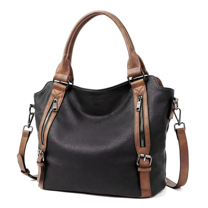 Women's faux leather shoulder tote bag with front zippers and buckles – Black with brown
