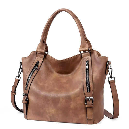 Women's faux leather shoulder tote bag with front zippers and buckles – Brown
