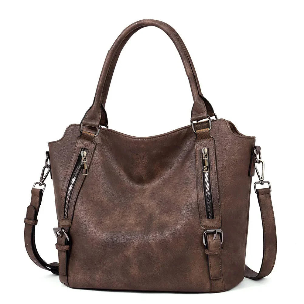 Women's faux leather shoulder tote bag with front zippers and buckles – Coffee