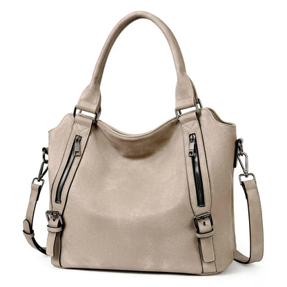 Women's faux leather shoulder tote bag with front zippers and buckles – Grey
