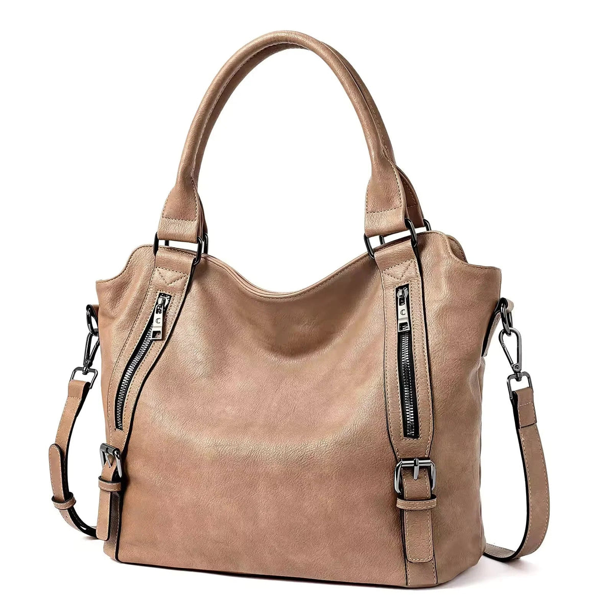 Women's faux leather shoulder tote bag with front zippers and buckles – Light Brown