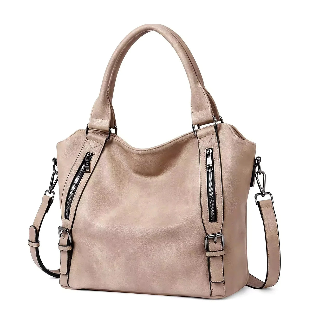 Women's faux leather shoulder tote bag with front zippers and buckles – Oatmeal