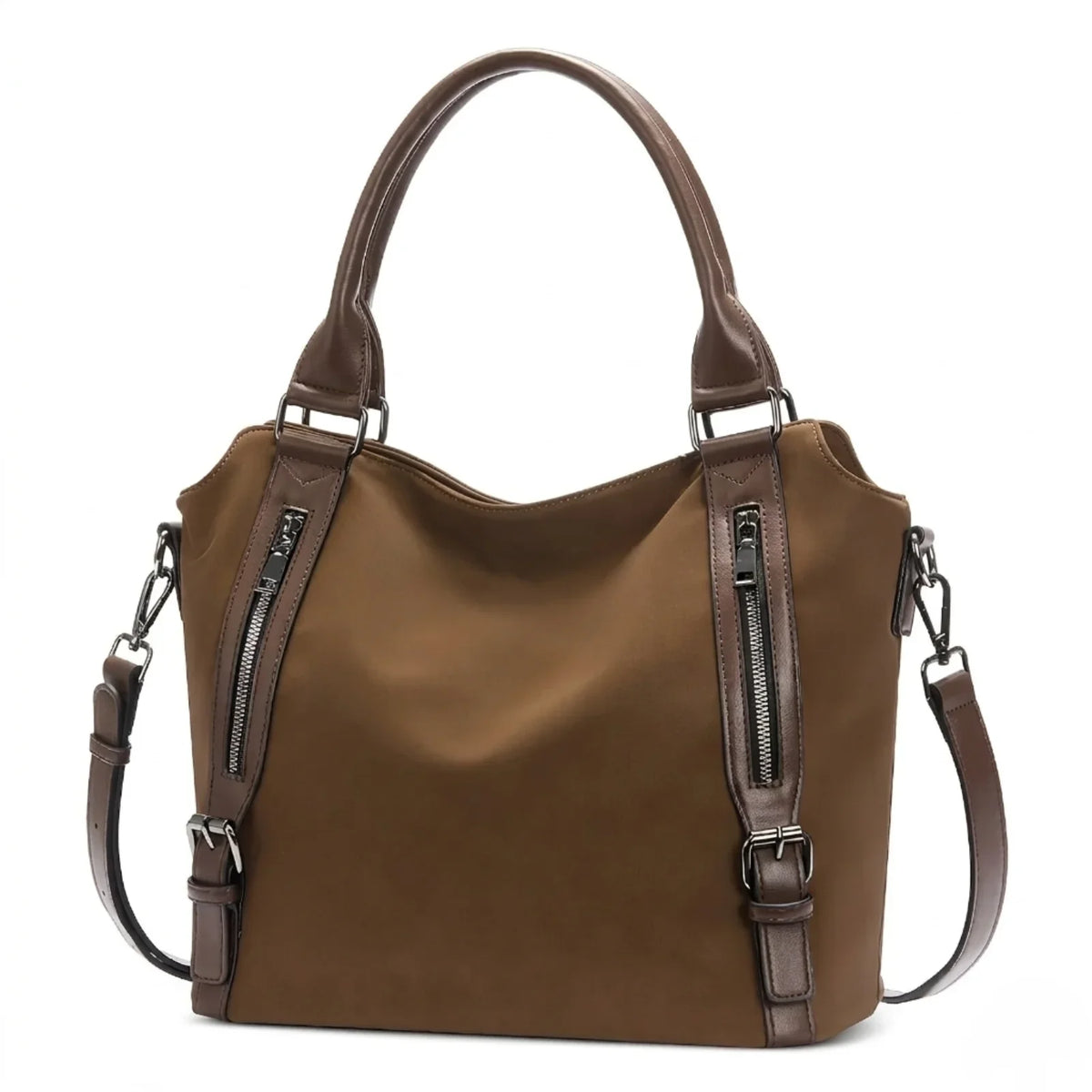Women's faux leather shoulder tote bag with front zippers and buckles – Suede
