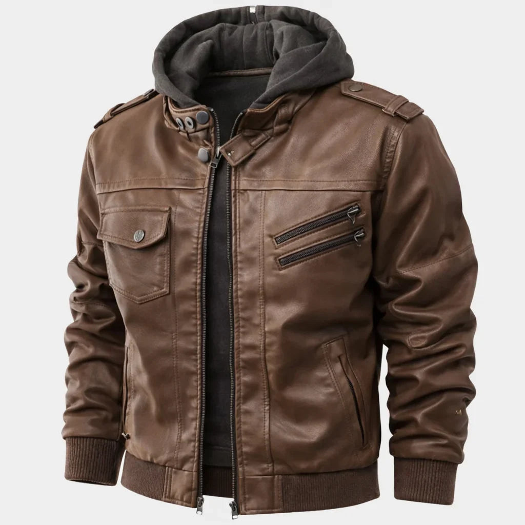 Women's hooded leather-look bomber jacket with zip closure – Brown