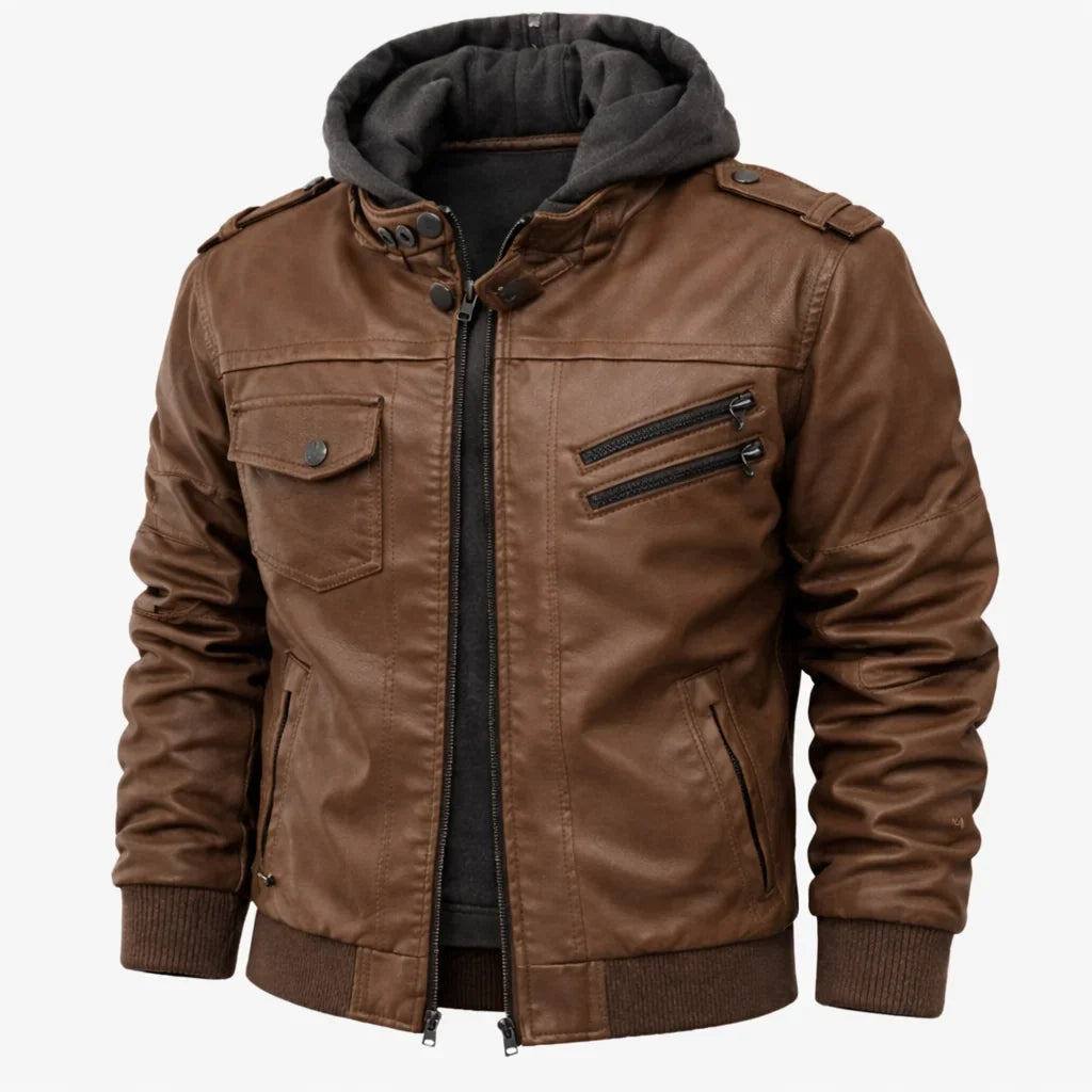 Women's hooded leather-look bomber jacket with zip closure – Brown
