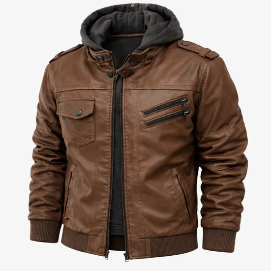 Women's hooded leather-look bomber jacket with zip closure – Brown
