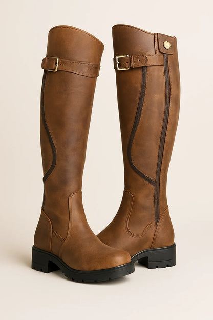 Women's knee-high riding boots with decorative buckle and lug sole – Brown