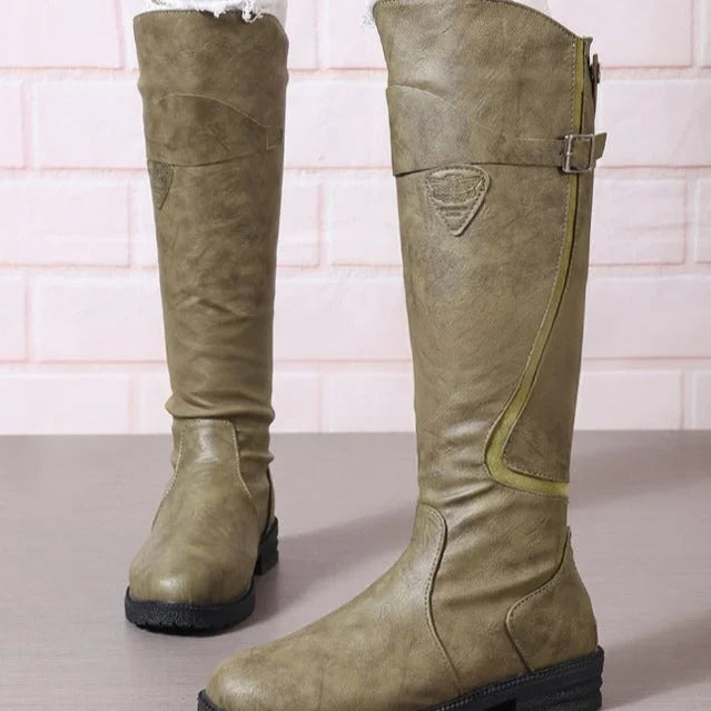 Women's knee-high riding boots with decorative buckle and lug sole – Green