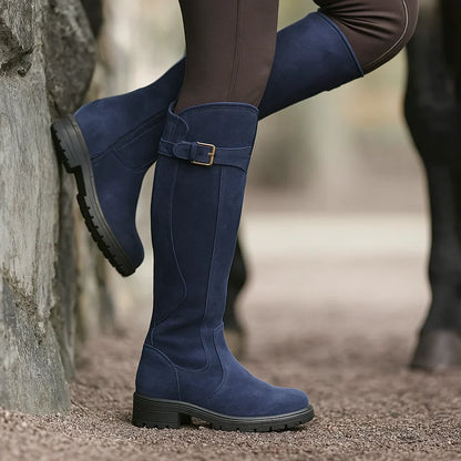 Women's knee-high riding boots with decorative buckle and lug sole – Navy Blue