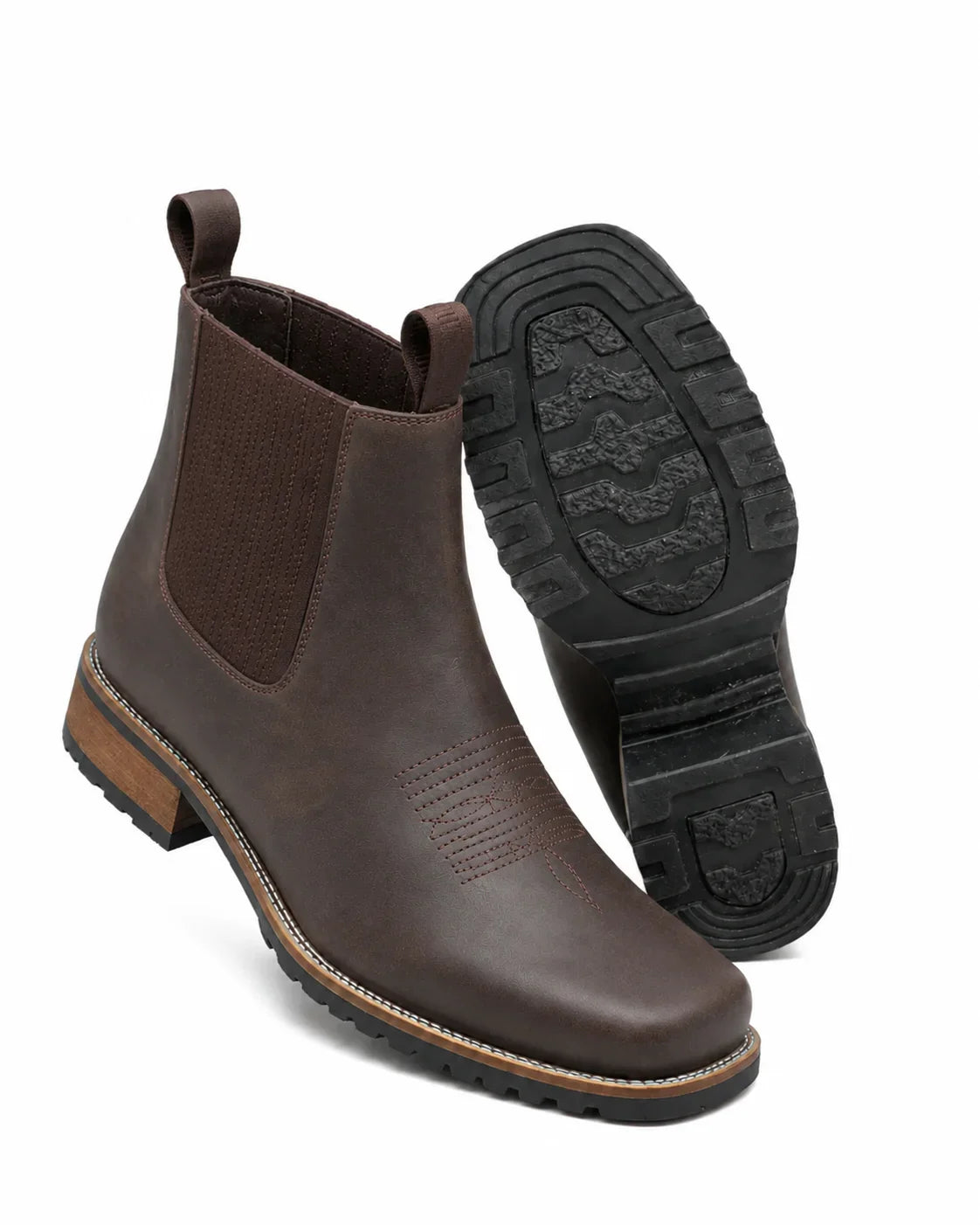 Women's leather Chelsea cowboy boots with elastic side panels and square-toe – Dark Brown