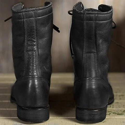 Women's leather mid-calf combat boots with lace-up front