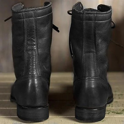 Women's leather mid-calf combat boots with lace-up front