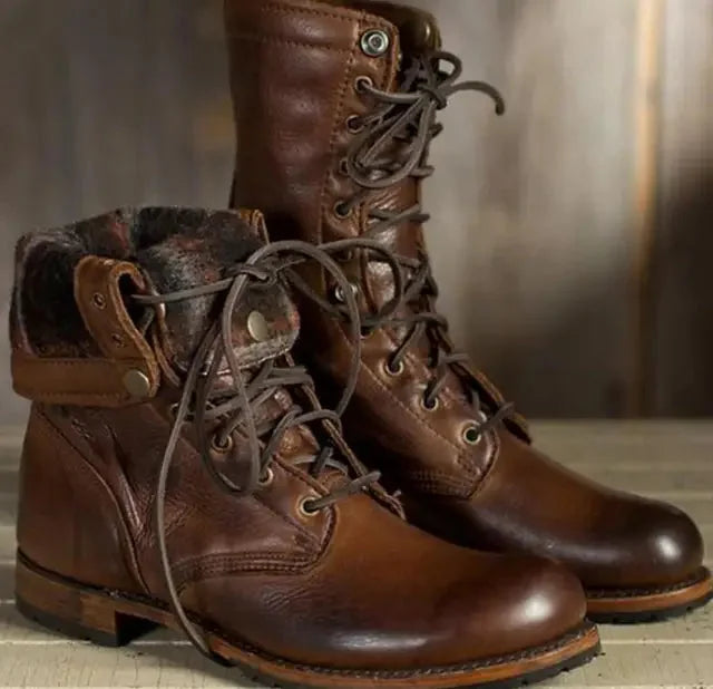 Women's leather mid-calf combat boots with lace-up front