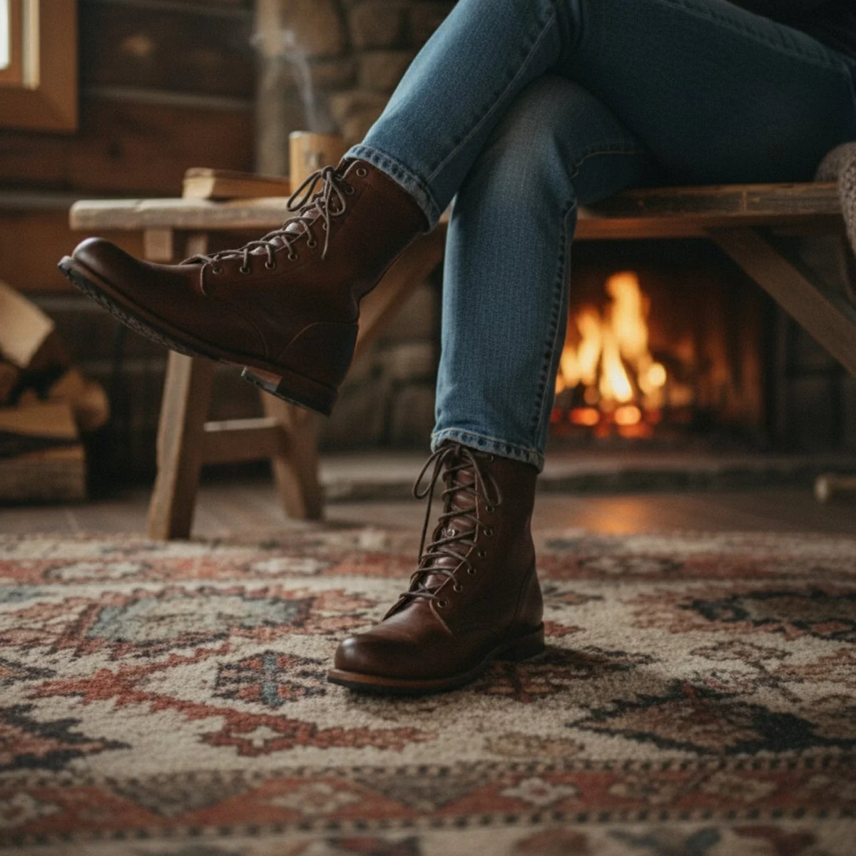 Women's leather mid-calf combat boots with lace-up front