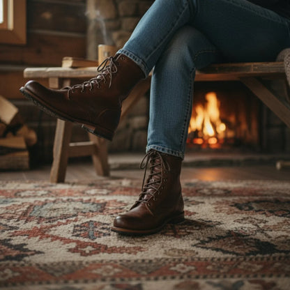 Women's leather mid-calf combat boots with lace-up front